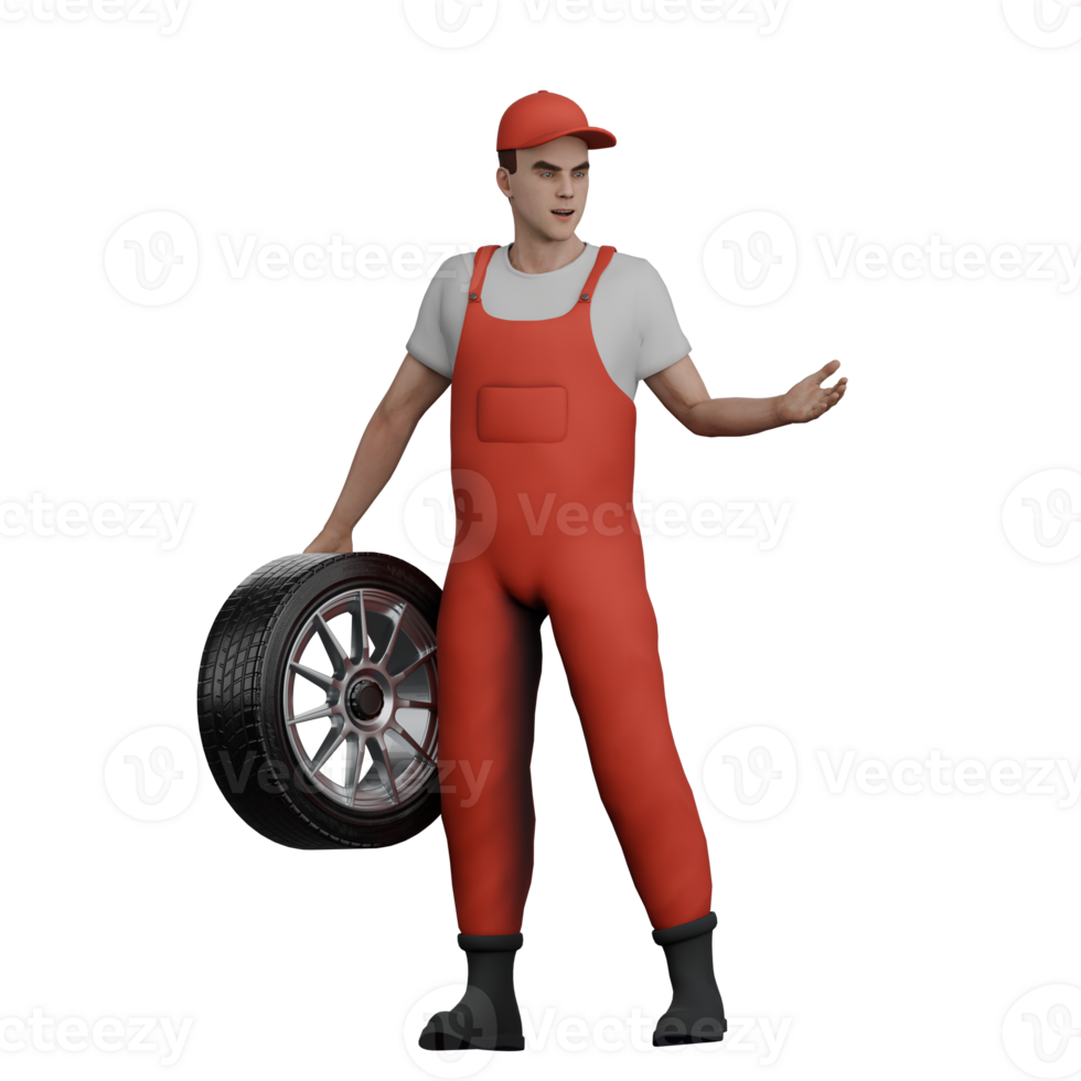 3D Cartoon Oil Change Specialist. A male mechanic stands holding a car tire in his left hand. Lubrication Service Scene png