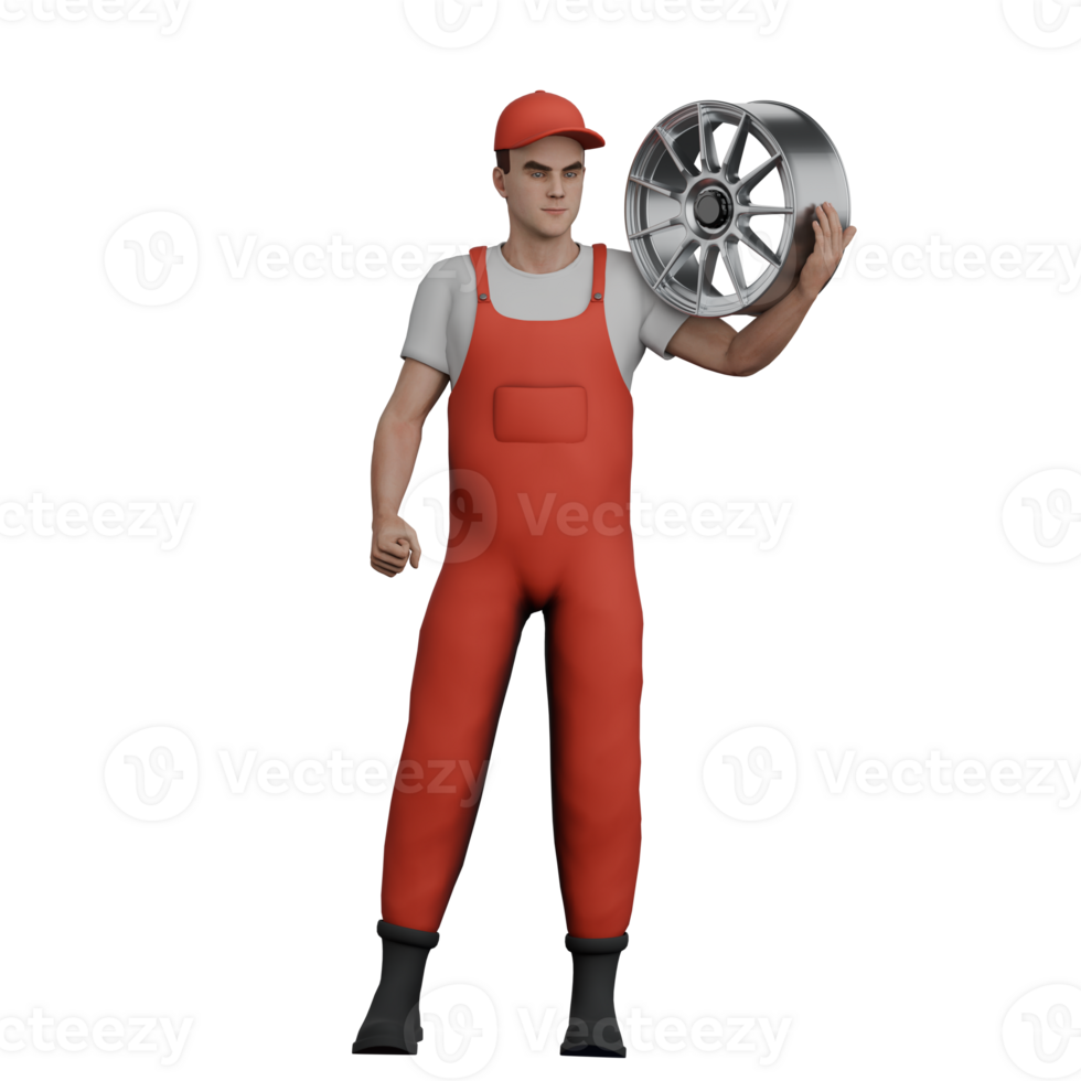 Male Mechanic 3D Model. A male mechanic stands while lifting a car tire in his right hand. Vehicle Troubleshooting Environment png