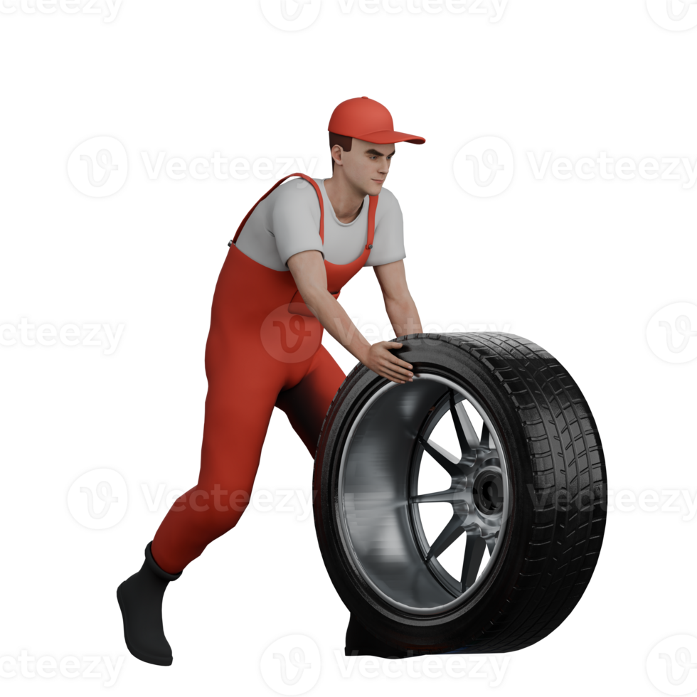 Professional Auto Mechanic Specialist Character. A male mechanic walks while pushing a car tire. 3D Male Model png