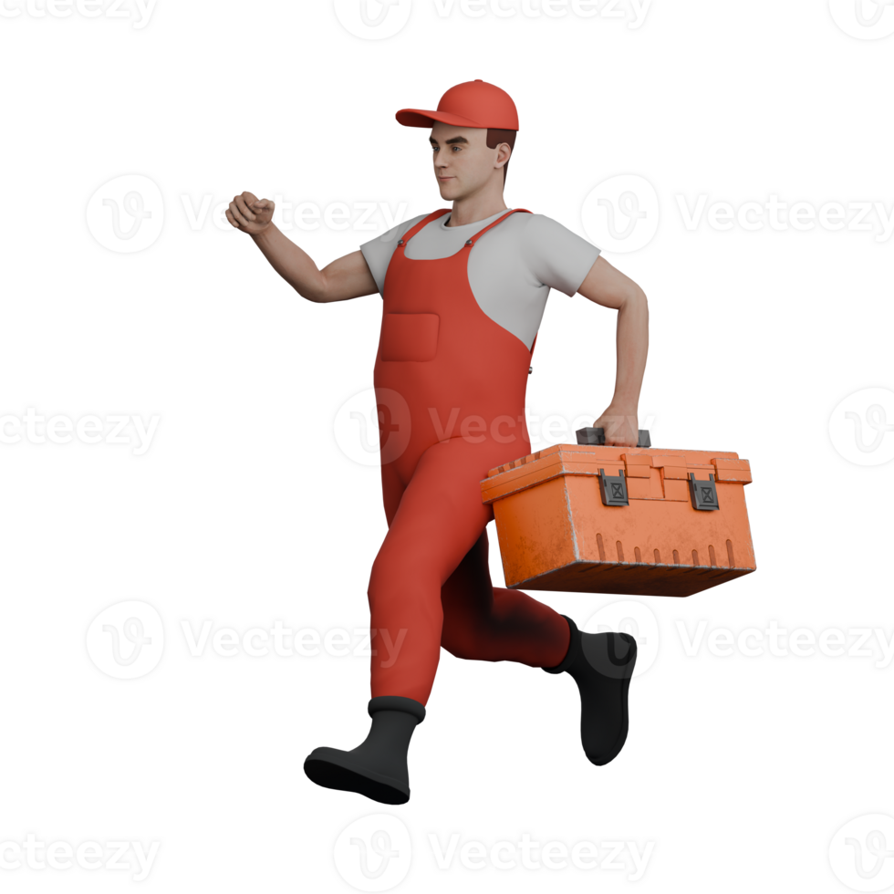 3D Male Mechanic. A male mechanic runs with a tool box in his left hand. Professional Automotive Character png