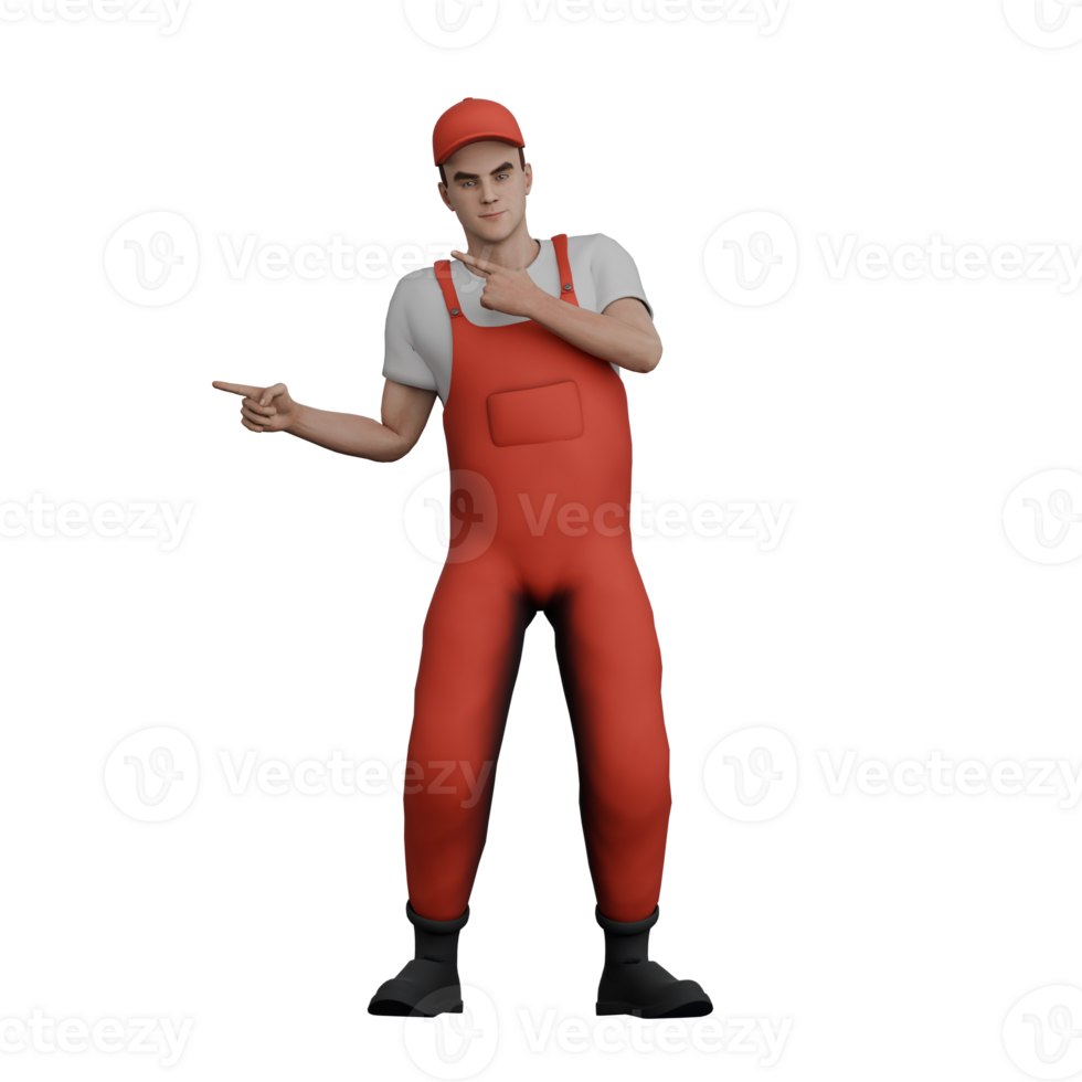 Cartoon Style Engine Mechanic. A male mechanic stands pointing to the side with both hands. 3D Male png