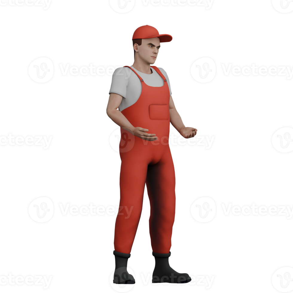 Mechanic Character 3D. A male mechanic stands raising both his hands with his palms facing up. Illustrated Male Fix It Pro png