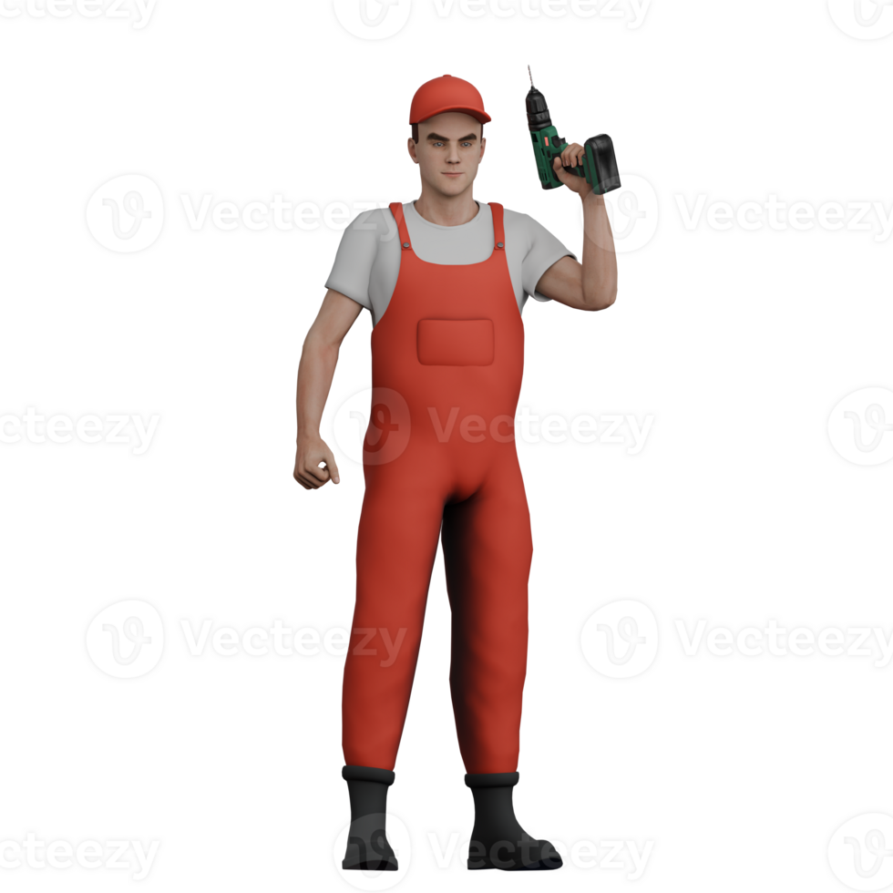 Male Mechanic in Tire Change. A male mechanic stands holding a drill in his right hand. 3D Tire Service Scene png
