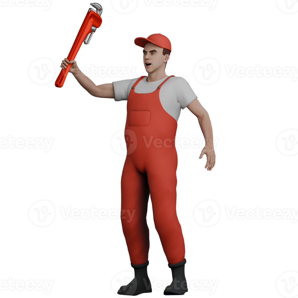 Male Mechanic with Wrench. A male mechanic stands holding a wrench in his left hand. 3D Illustrated png