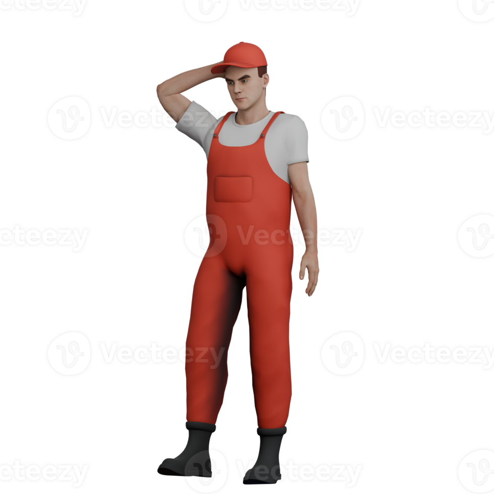 Automotive Repair Expert 3D Model. A male mechanic stands with his left hand behind his head. Mechanic Cartoon png