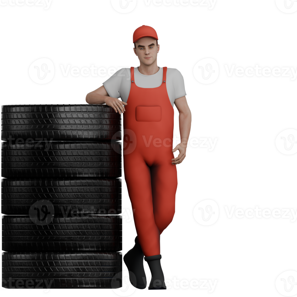 Male Mechanic Professionalism in 3D. A male mechanic stands while leaning on a pile of car tires. Automotive Services png