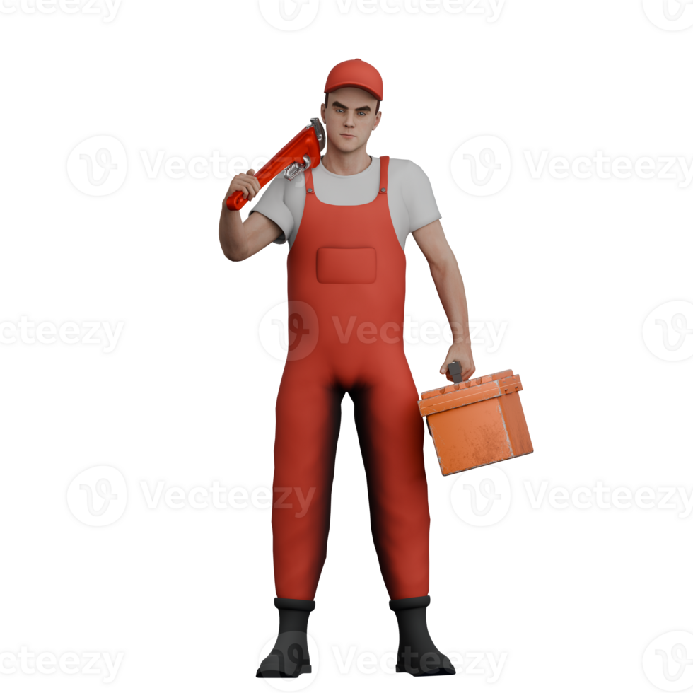 Male Mechanic Character. A male mechanic stands holding a wrench in his left hand and a tool box in his right hand. 3D Auto Technician png