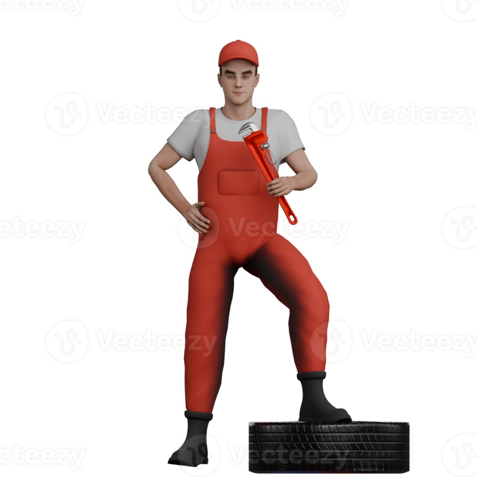 3D Urban Male. A male mechanic stands with his right foot stepping on a car tire and his right hand holding a wrench. Mechanic Illustrated png