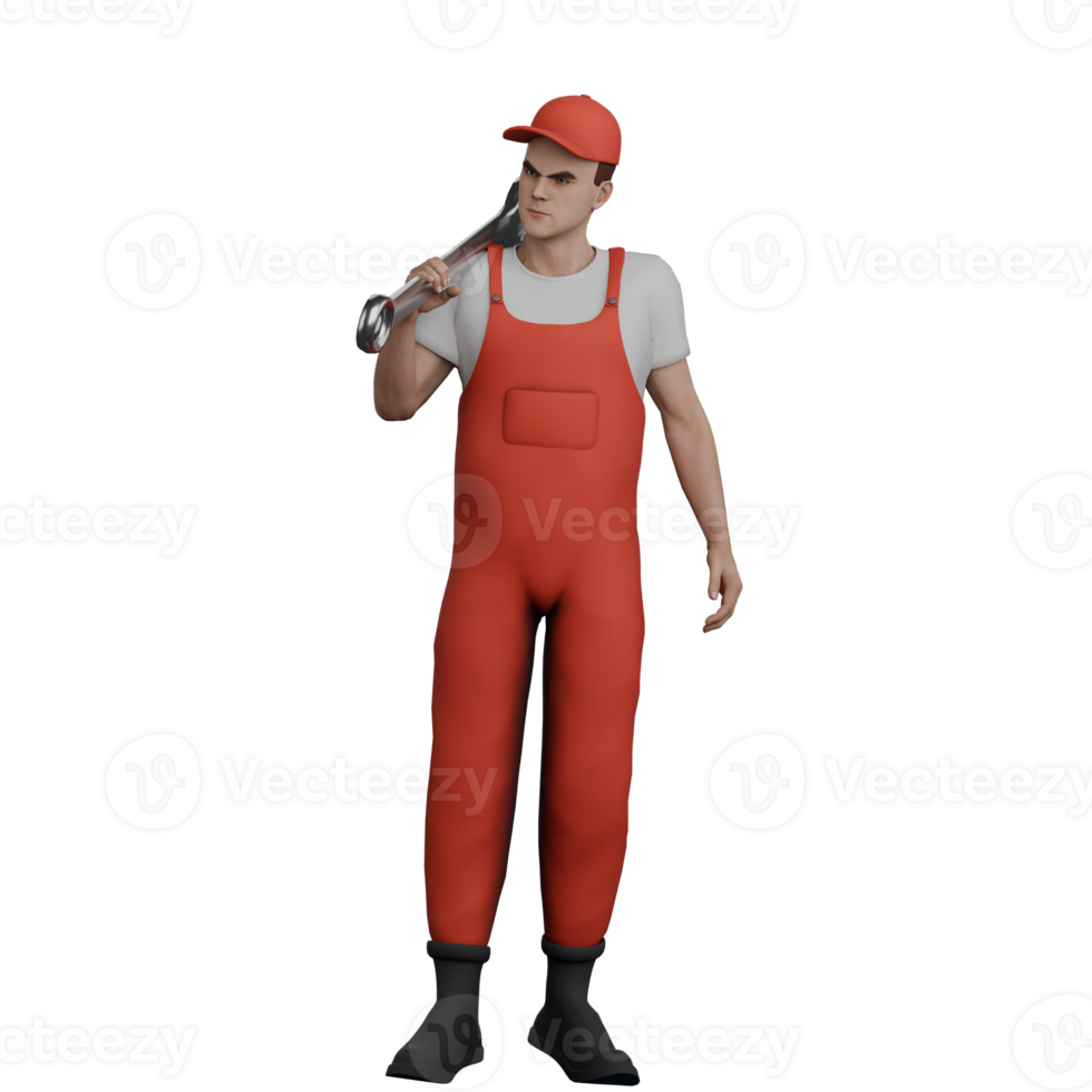 Mechanic's Daily Workshop in 3D. A male mechanic stands while carrying a Y crank on his left shoulder. Male Cartoon png
