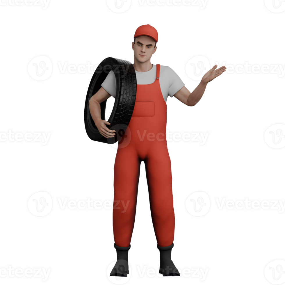 Professional Mechanic 3D Art. A male mechanic stands while carrying a tire on his left shoulder. Male Exhaust System Specialist png