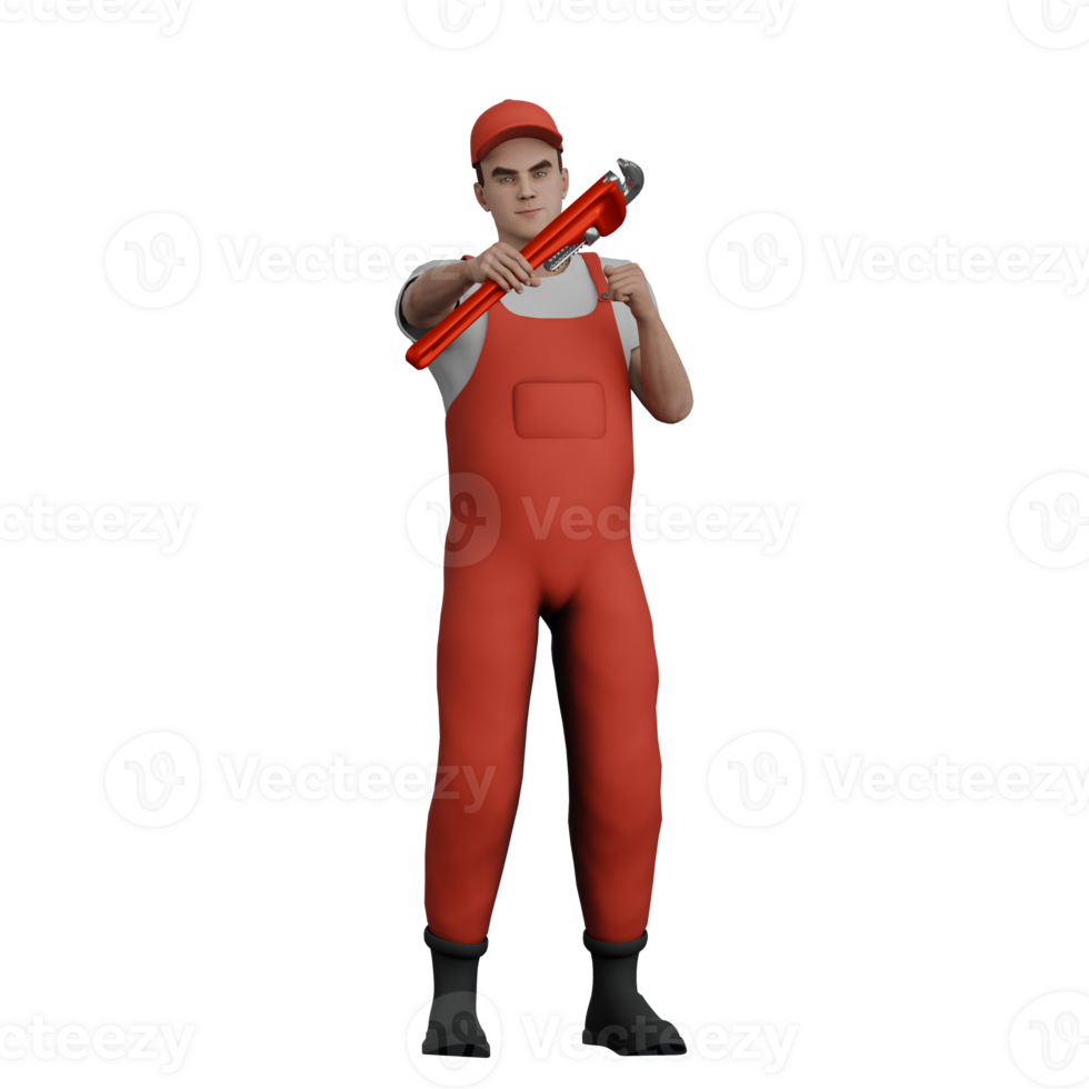 Professional Male in Mechanics. A male mechanic stands holding a wrench in his left hand and clenching his right fist in front of his chest. 3D Mechanic Cartoon png