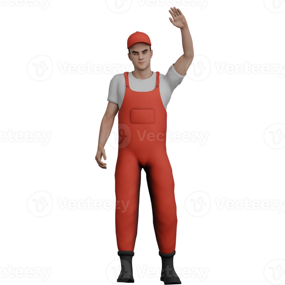 Male Mechanic Cartoon in 3D. A male mechanic stands with a greeting gesture. Engine Repair Illustrated png