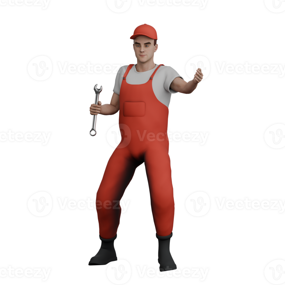 3D Male Mechanic in Garage. A male mechanic stands holding a Y crank in his left hand and extends his right hand forward. Automotive Service png