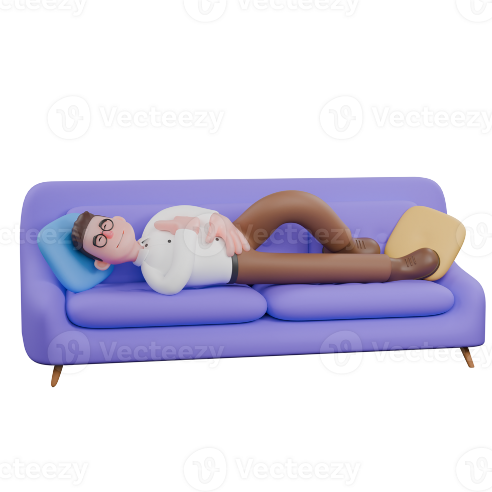 Sociologist in 3D. A male sociologist is sleeping on a sofa. Social Research Model png