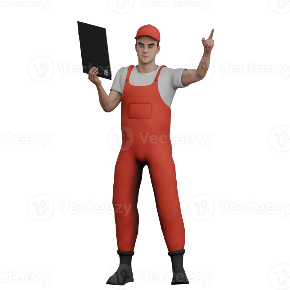 Masculin automobile 3d animation. une Masculin mécanicien des stands en portant une cliroad dans le sien la gauche main et le sien droite main points en haut. mécanicien png