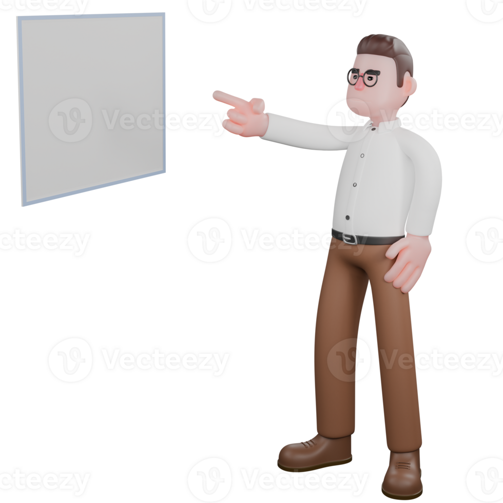Illustrative 3D Male Sociologist. A male sociologist is standing in front of a whiteboard while pointing at the whiteboard. Cartoon Illustrated png