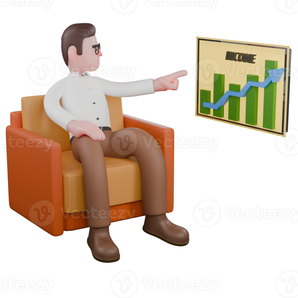 Sociologist in 3D. A male sociologist is sitting on a sofa while pointing at the INCOME diagram. Social Research Model png
