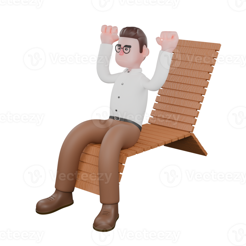 3D Social Expert Sociologist. A male sociologist is sitting on a sun lounger with his hands raised and clenched. Cartoon Illustrated png