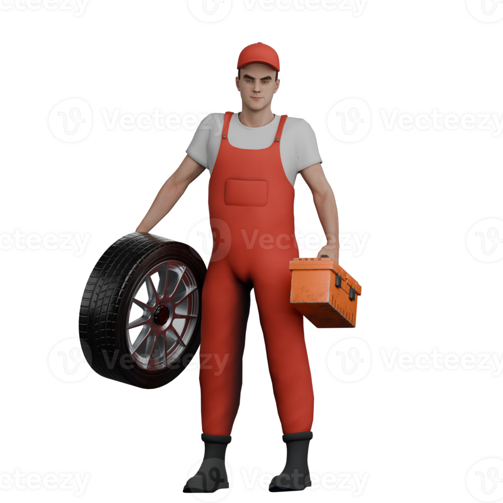 3D Automotive Character. A male mechanic stands holding a tire and a tool box in both hands. Male Mechanic Illustrated png