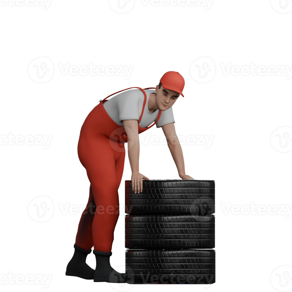 Male Automotive Professional in 3D. A male mechanic stands, bending down to pick up a car tire from a pile of rubber bands in front of him. Mechanic Cartoon png