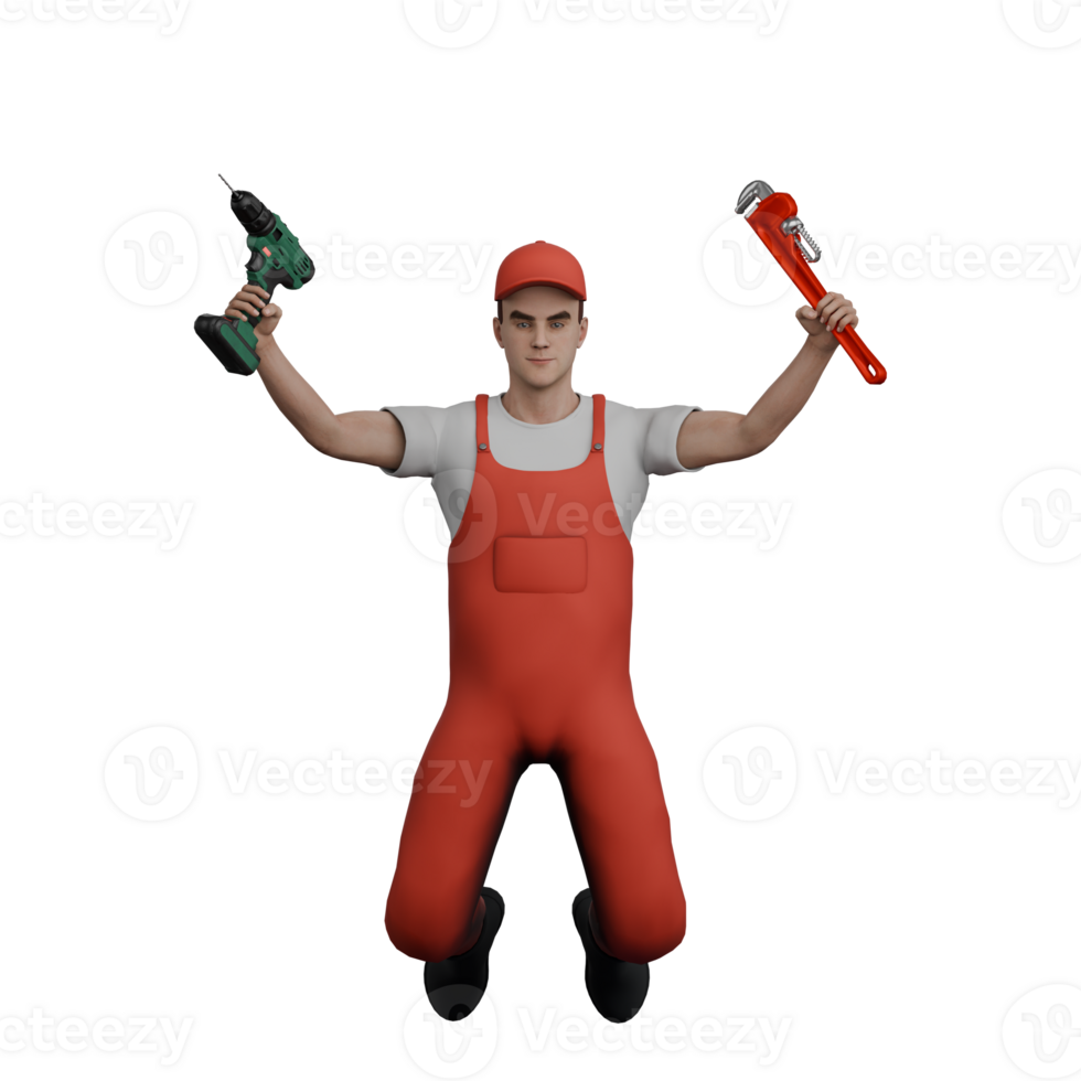 Male Mechanic in Automotive Setting. A male mechanic jumps while holding a drill and a wrench in both hands. 3D Character png
