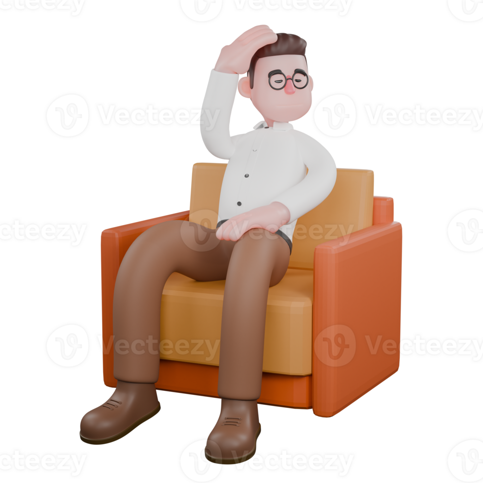 3D Social Expert Sociologist. A male sociologist is sitting on a sofa while holding his head. Cartoon png