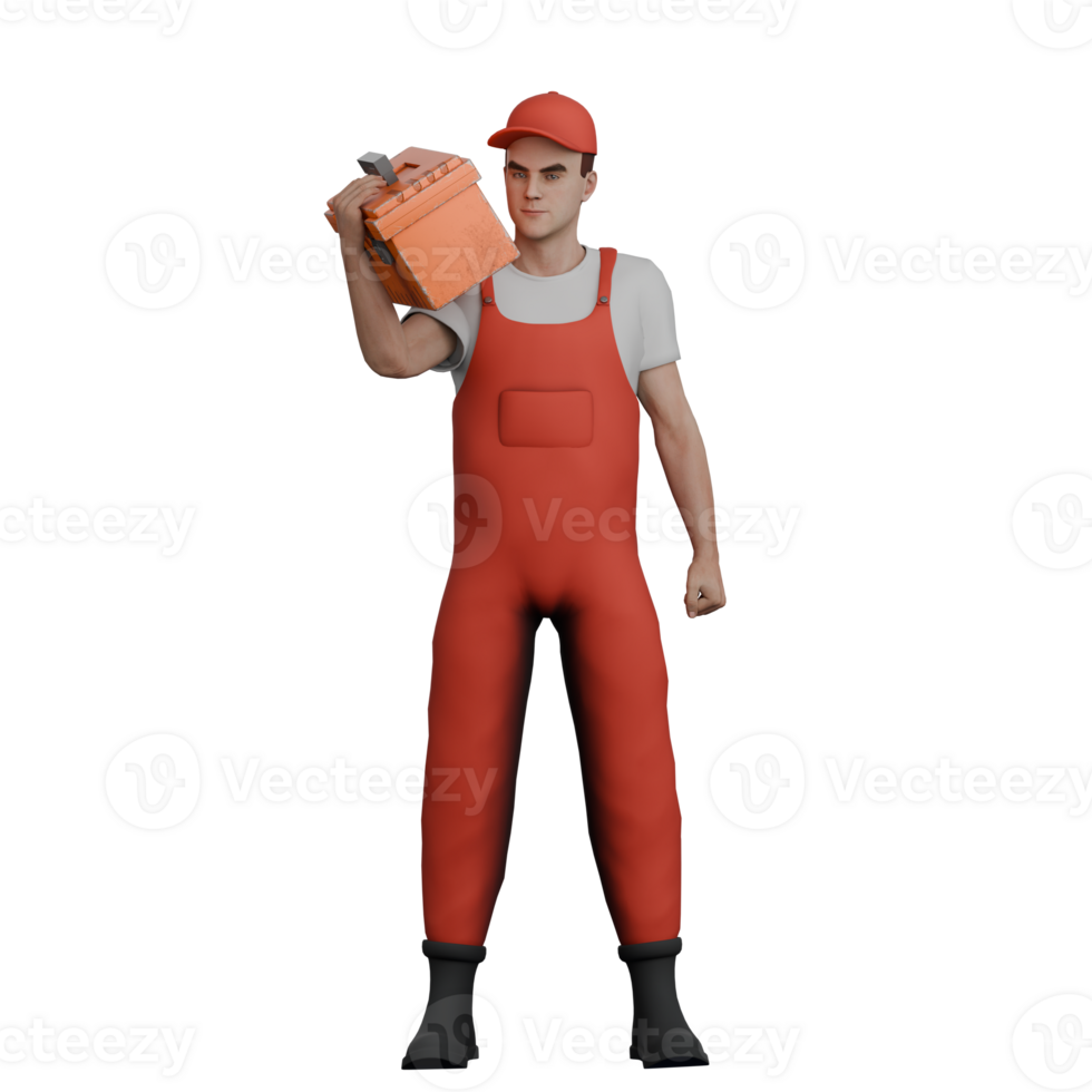 3D Male Garage Expert. A male mechanic stands while lifting a tool box. Illustrated Auto Repair Character png