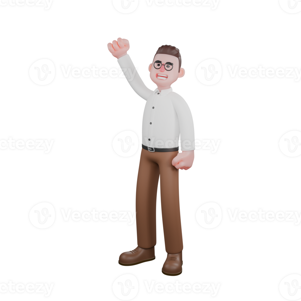 Animated Professional Sociologist. A male sociologist is standing with his right hand raised upwards and clenched. Cartoon png