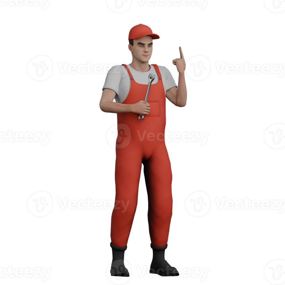 Illustrated Automotive Professional. A male mechanic stands with his right hand holding a Y crank and his left hand pointing up. 3D Male Mechanic png