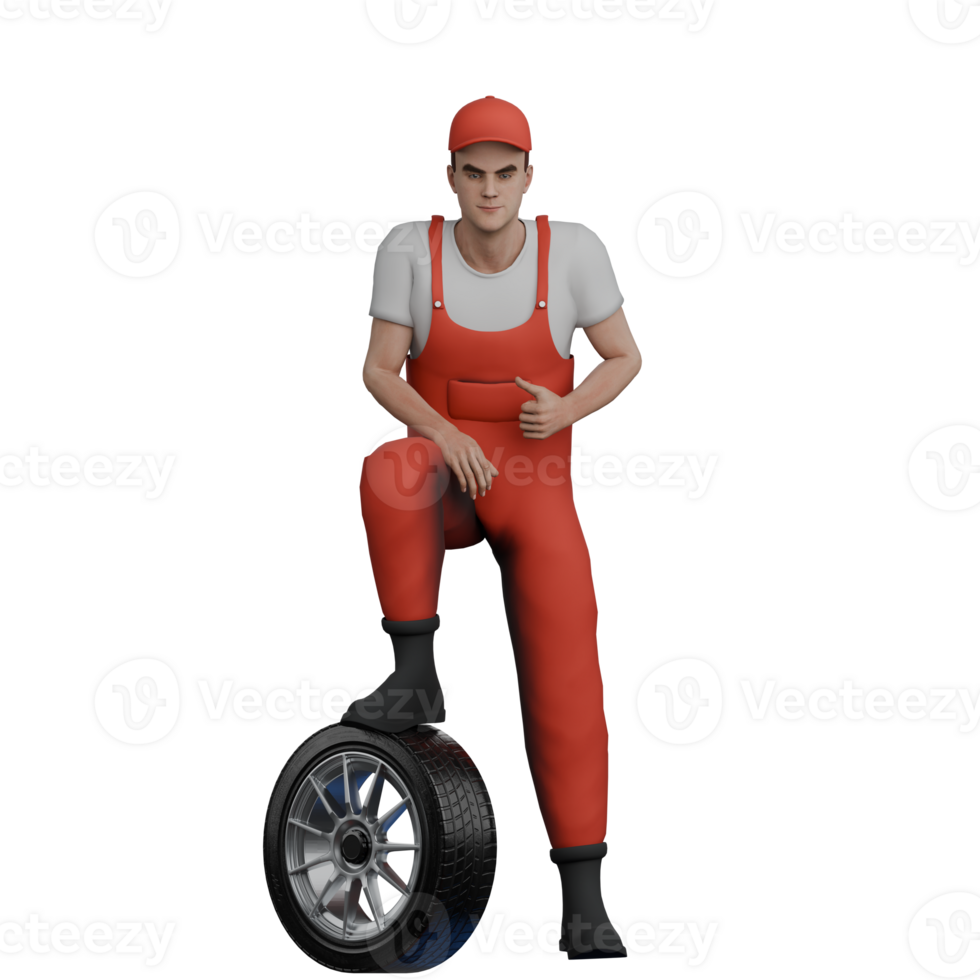 3D Illustrated of an Auto Expert. A male mechanic stands with his left foot stepping on a car tire and giving a thumbs up with his right hand. Male Mechanic png