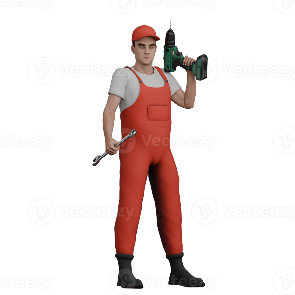 Male Mechanic Cartoon Character. A male mechanic stands holding a drill in his left hand and holding a crank in his right hand. 3D Automotive Illustrated png