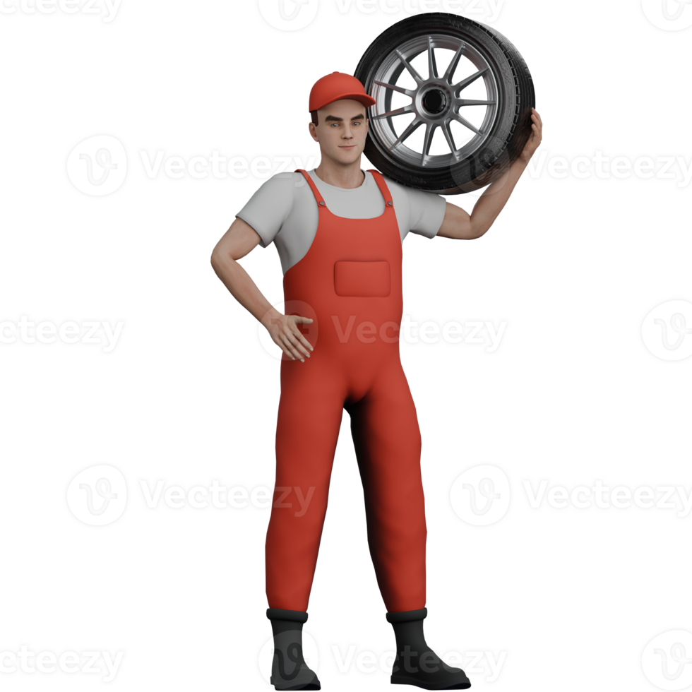 Illustrated Automotive Expert. A male mechanic stands while carrying a car tire. 3D Male Mechanic png