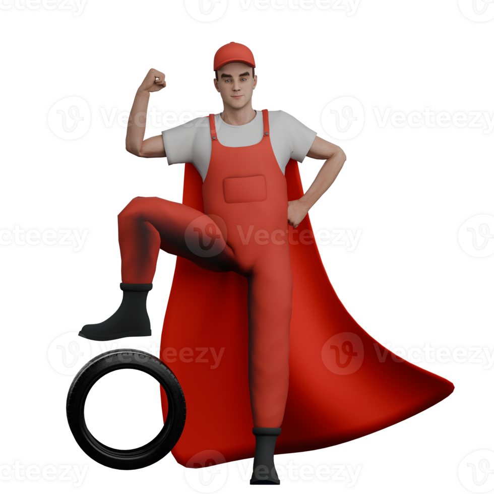 Male Mechanic 3D Professional. A male mechanic is standing with his right hand clenched and raised upwards and his right foot wants to step on the band standing on his right side. Automotive Cartoon png