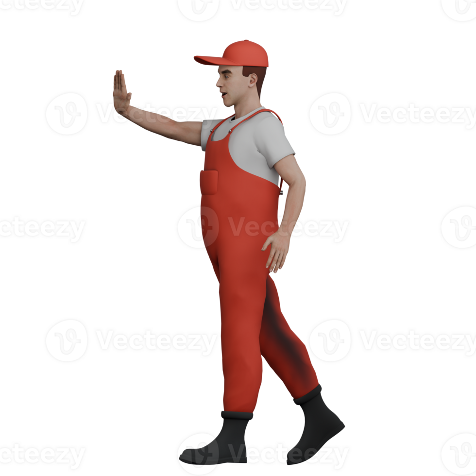 Male Mechanic in Automotive 3D. A male mechanic is walking while his right hand is waving forward, as if giving a prohibition or guiding parking. Professional Character png