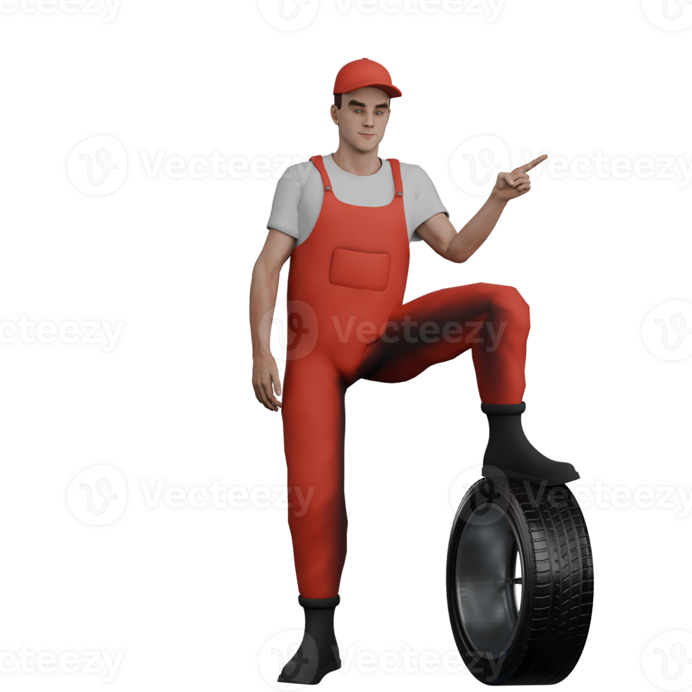 3D Professional Male in Mechanic Role. A male mechanic is standing while his left foot is stepping on a car band while his left hand is pointing forward. Automotive png