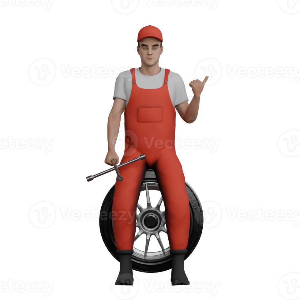 3D Automotive Mechanic Male. A male mechanic is sitting on a car band while carrying a crank and giving a little finger symbol. Professional Illustrated png