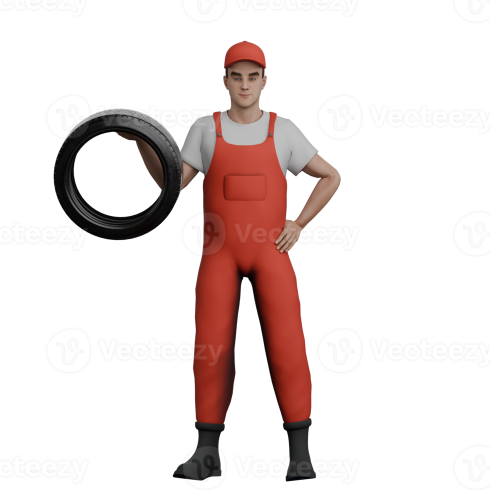 Male Mechanic 3D Cartoon. A male mechanic is standing while lifting a band. Professional Automotive png