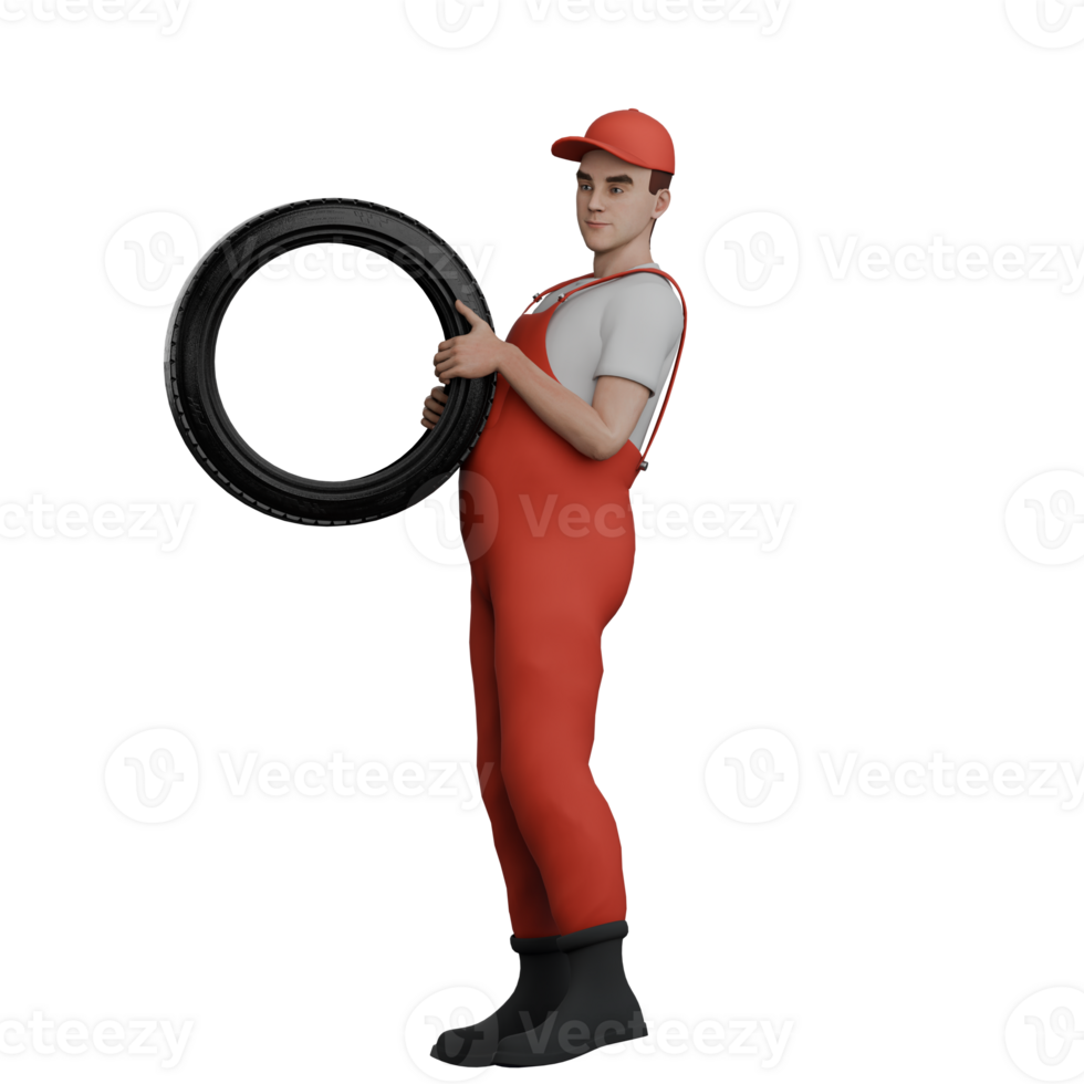 Professional Automotive Male. A male mechanic is standing while both hands are lifting the car band above his stomach. 3D Mechanic Illustrated png