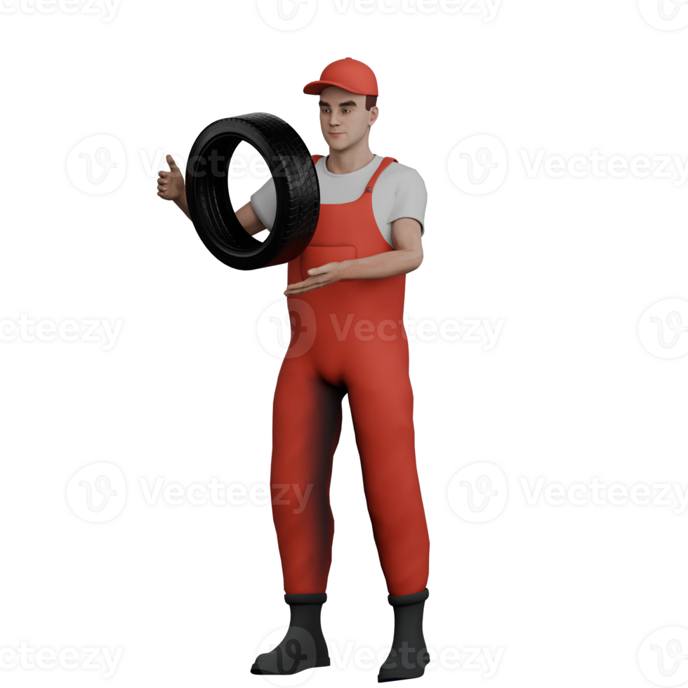 Automotive Mechanic Professional in 3D. A male mechanic is standing while observing a car band that he is carrying. Male png