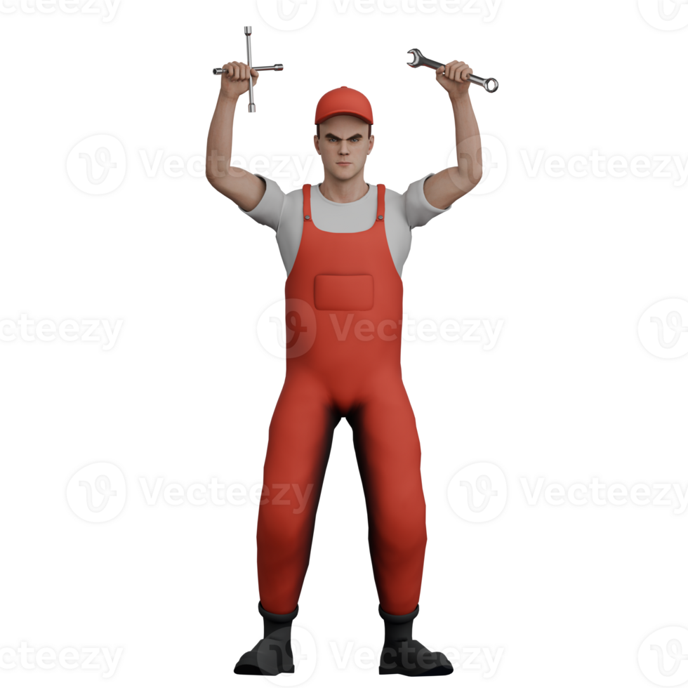 3D Auto Expert Mechanic. A male mechanic stands holding a Y crank and an X crank in both hands. Cartoon Male Service Guru png