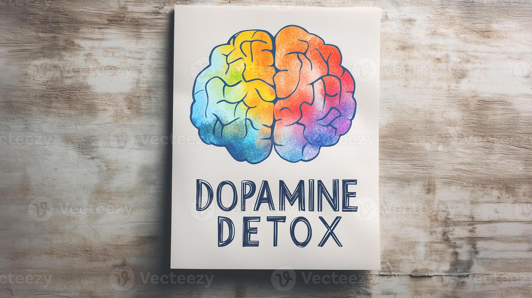 Creative Dopamine Detox poster with colorful brain illustration and texts on wooden surface. photo