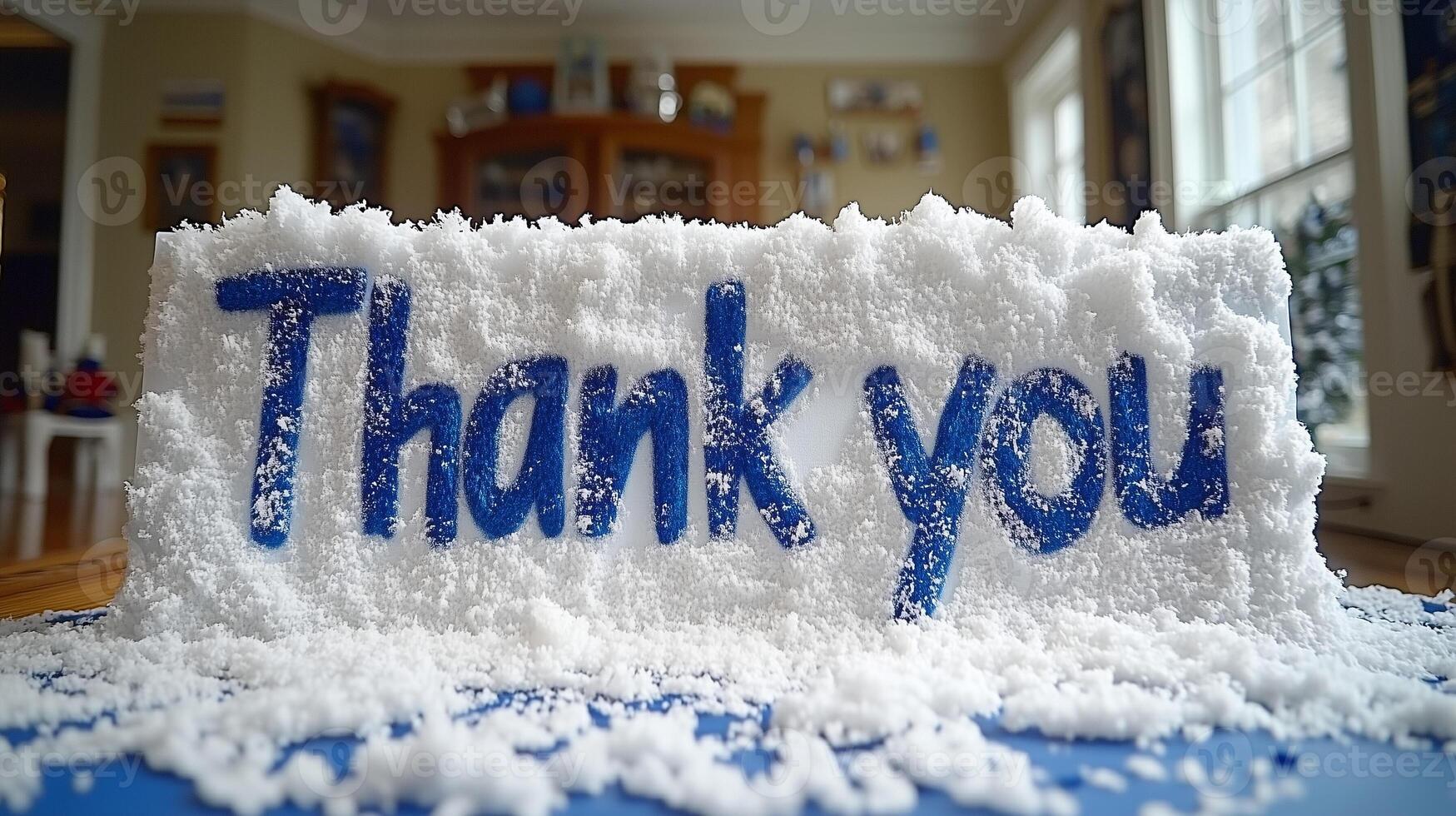Thank You Message Written in Snowy Foam Texture. Thankful background with blue and white color mix, indoor space. photo