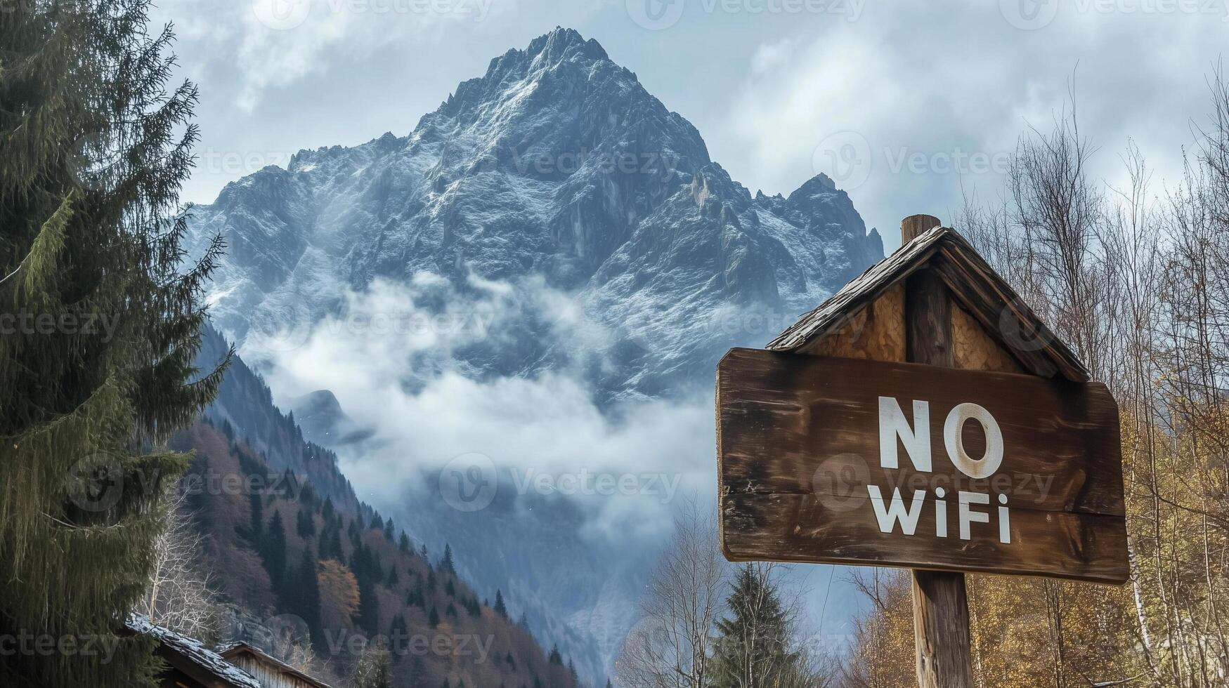 No WiFi sign or warning in front of a view of the mountains away from the city. No internet service available in the hotel. Concept of digital disconnect, digital detox, offline adventure. photo