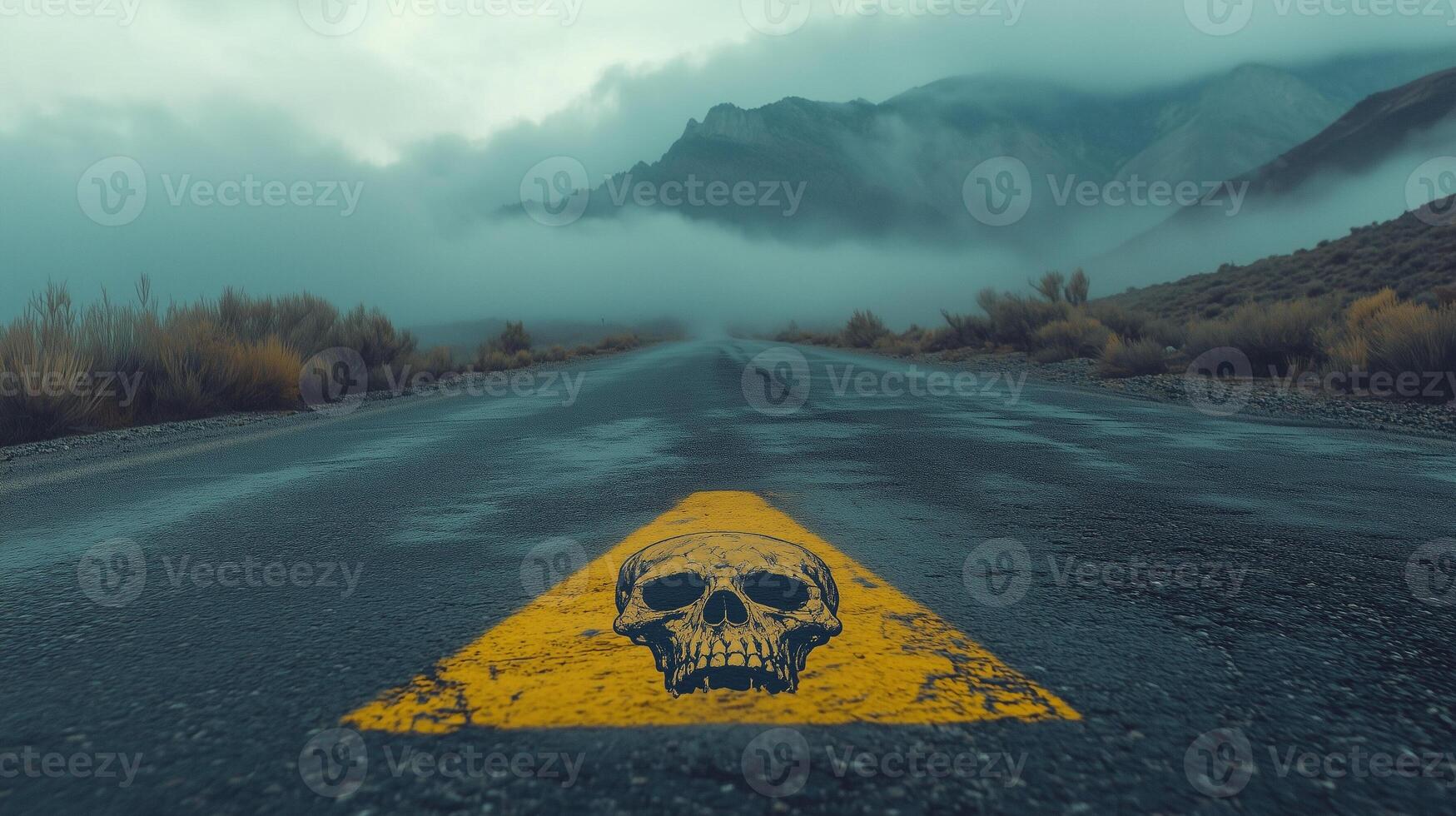 Desolate road with a skull warning symbol in a foggy landscape. Dangerous area risk alert yellow triangle sign. Deadly banned place. photo