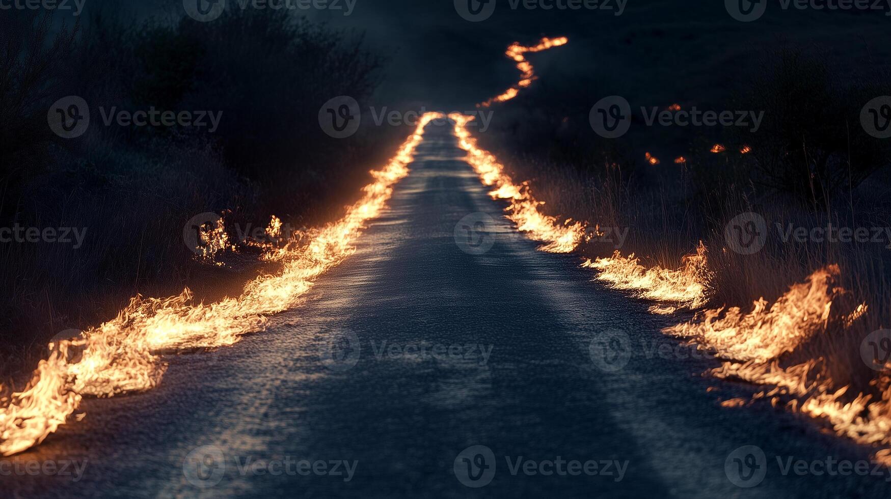 Fiery tracks from a speeding car. Roadway scene with flames burning on both sides of the road photo