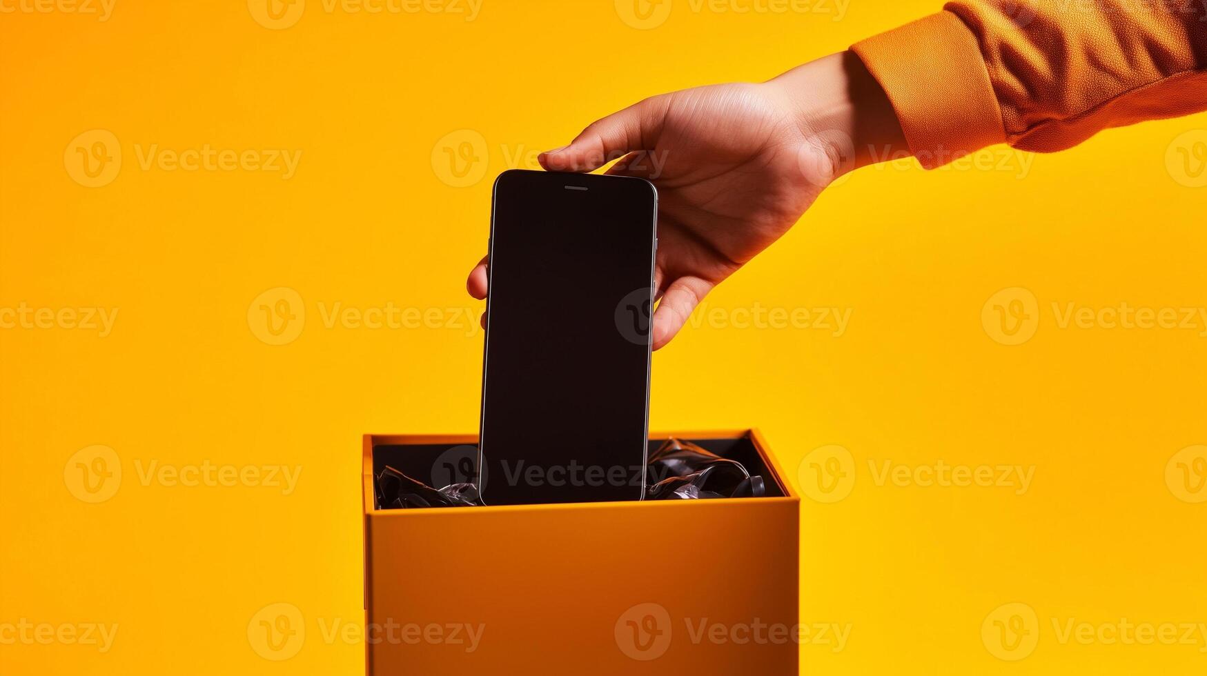 Man's hand putting smartphone into trash on a yellow background. Phone addiction, self control and digital detox concept. photo