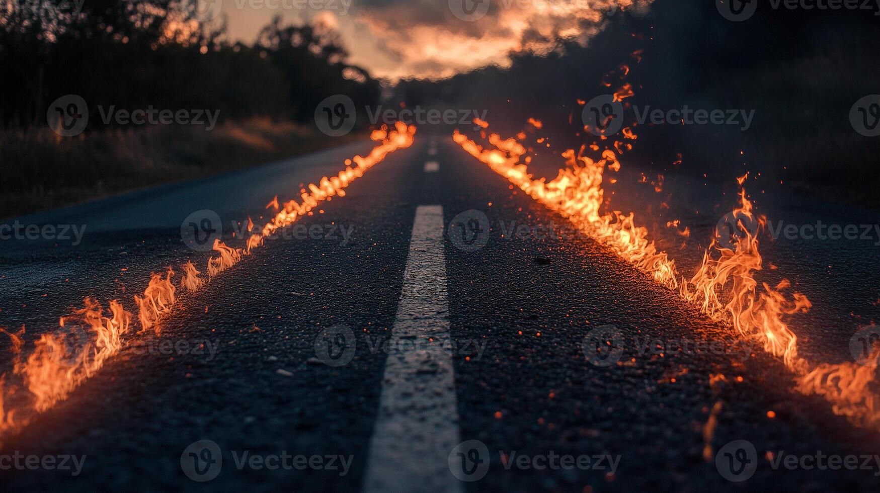 Roadway scene with flames burning alongside the road, creating a sense of intensity, speed, and energy. Fiery tracks from a speeding car. photo