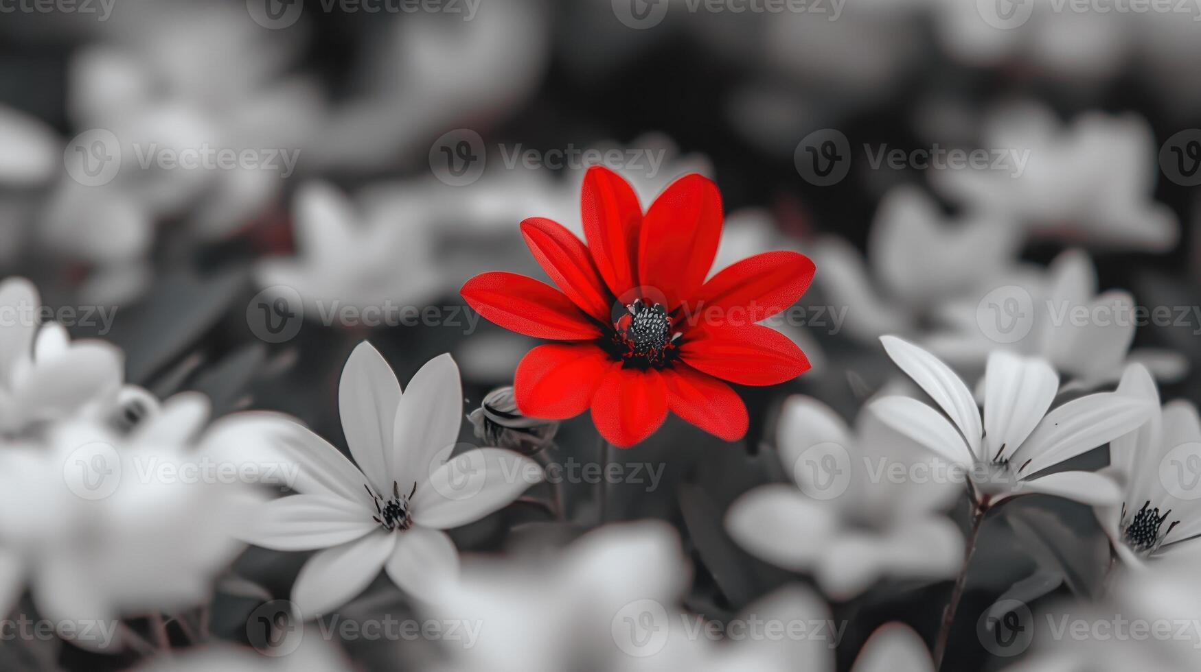 Single vibrant red flower isolated on white flower field with black and white filter. Concept of individuality, uniqueness, and standing out in a crowd. photo