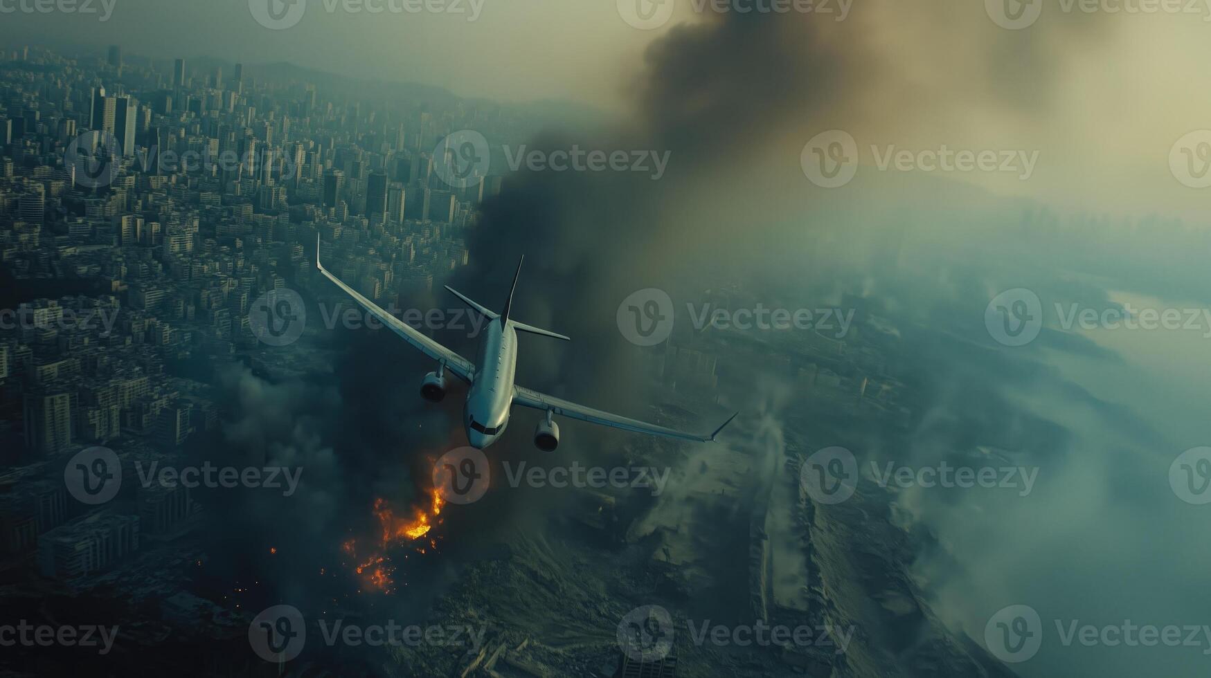 Airplane flying over a city engulfed in smoke and flames, aftermath of a disaster or explosion. photo