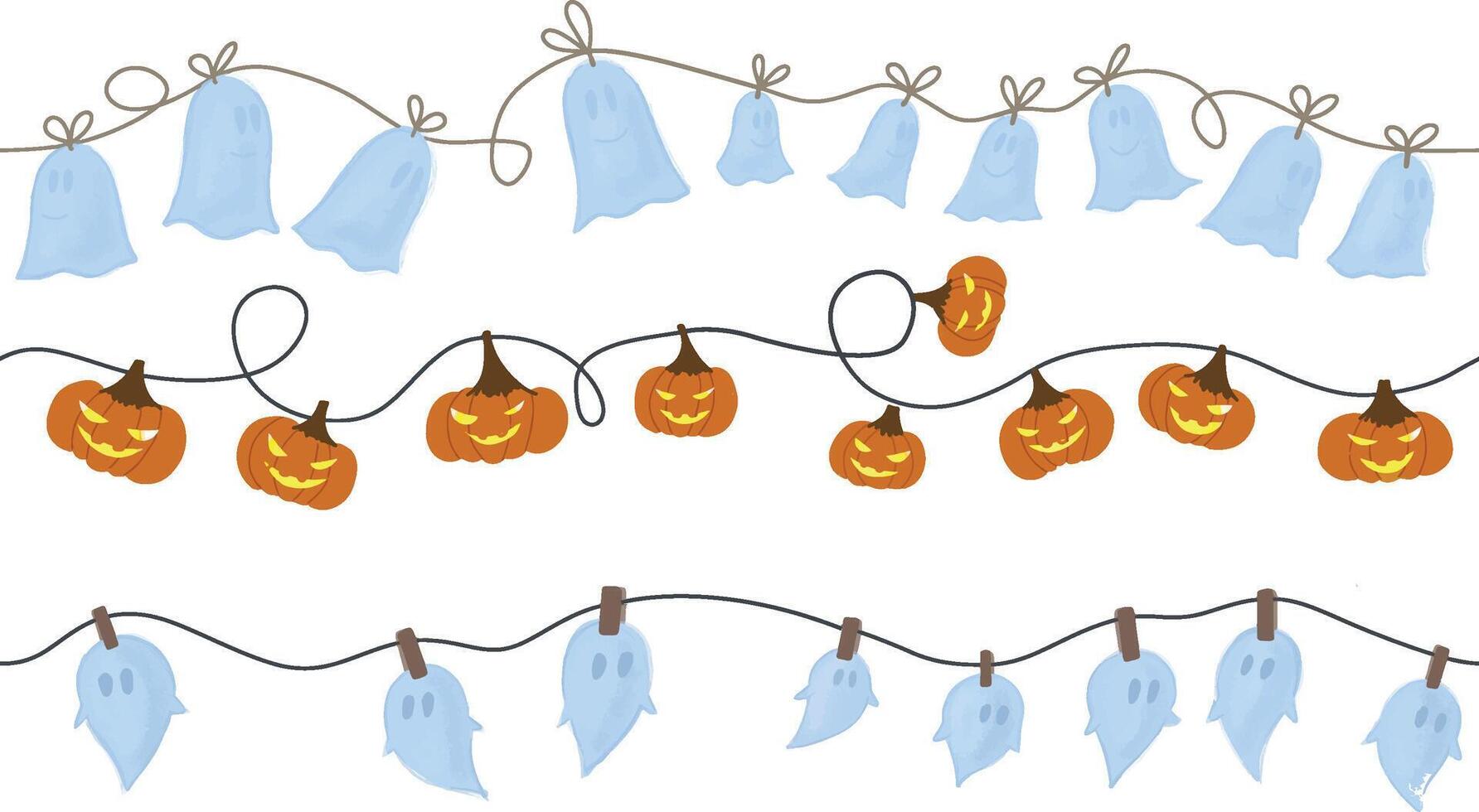 Hand drawn seamless halloween garlands. Pumpkin jack lantern with lightening, ghosts on threads with bows and loops, phantoms on clothespin. Spooky decoration isolated on white. vector